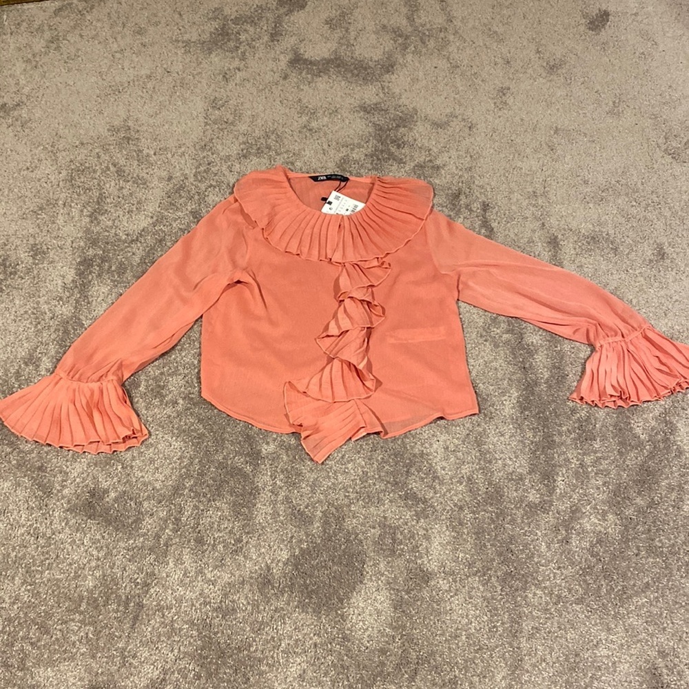 Zara Coral Chiffon Ruffle Blouse NWT SIZE M Long Sleeve Sheer Romantic Top